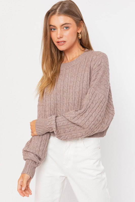 Cropped Cable Knit Sweater Mocha