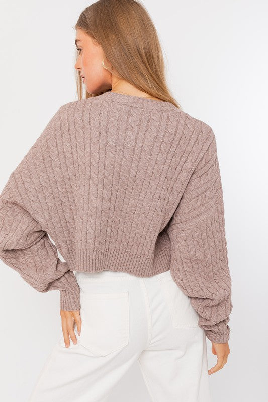 Cropped Cable Knit Sweater Mocha
