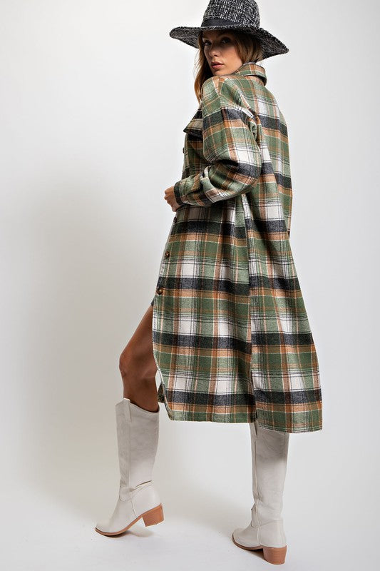 Plaid Button Down Long Shacket Olive