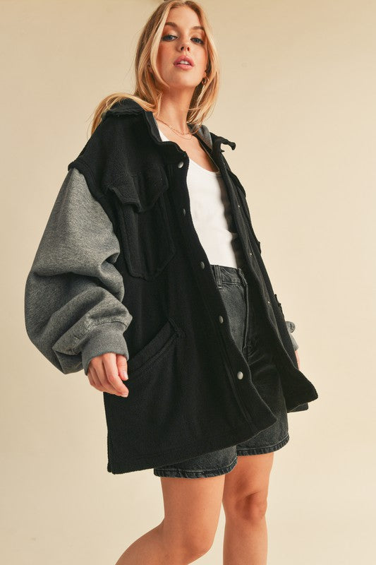 Hooded Snap Button Jacket Black/Charcoal