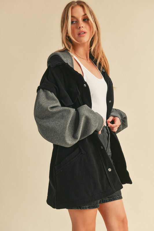 Hooded Snap Button Jacket Black/Charcoal