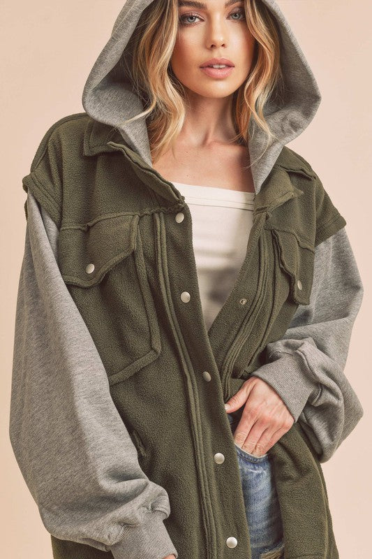 Hooded Snap Button Jacket Olive/Grey