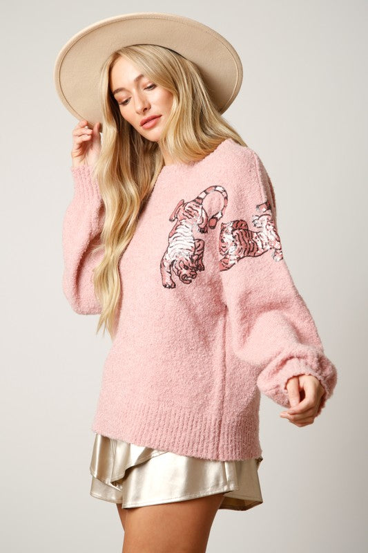 Tiger Sequins Patch Sweater Dusty Pink