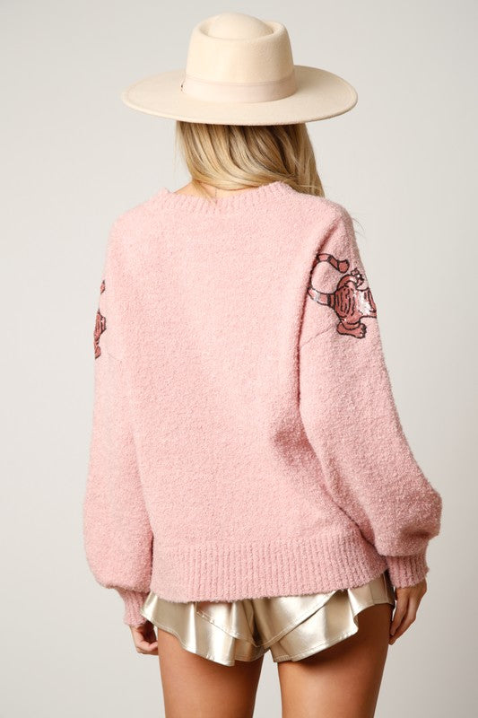 Tiger Sequins Patch Sweater Dusty Pink