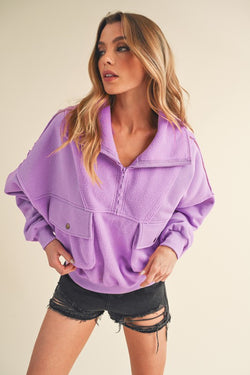 Contrast Quarter Zip Pullover Top Lavender