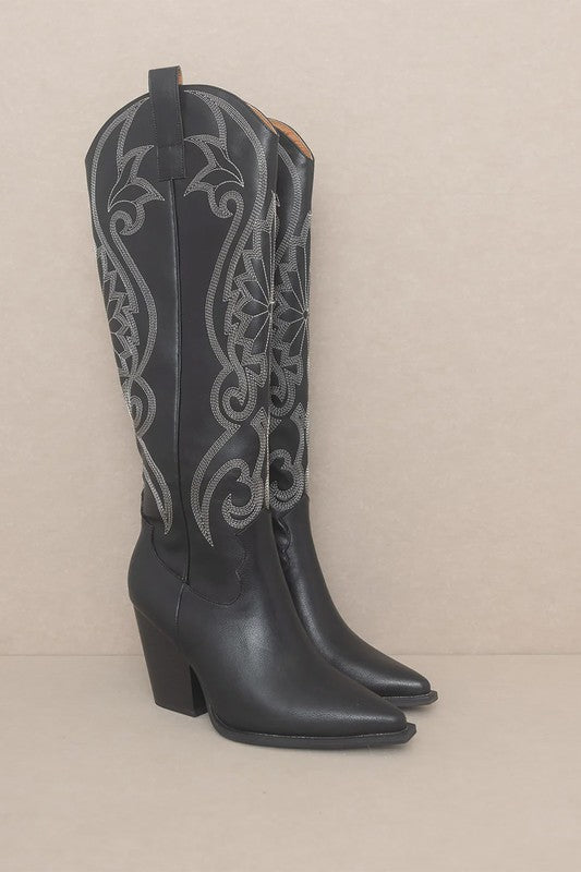 Knee High Embroidered Cowboy Boot Black
