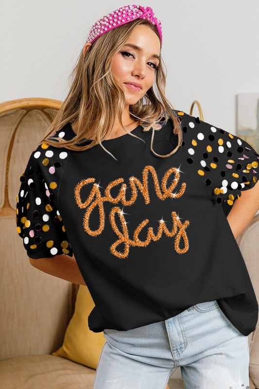 Game Day Metallic Letter Spangle Sweater Black/Gold