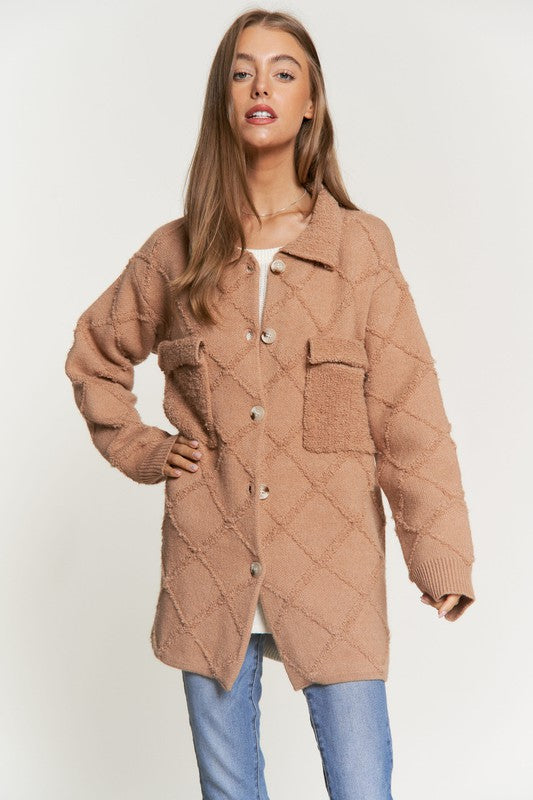 Rhombus Textured Soft Knit Cardigan Jacket Latte