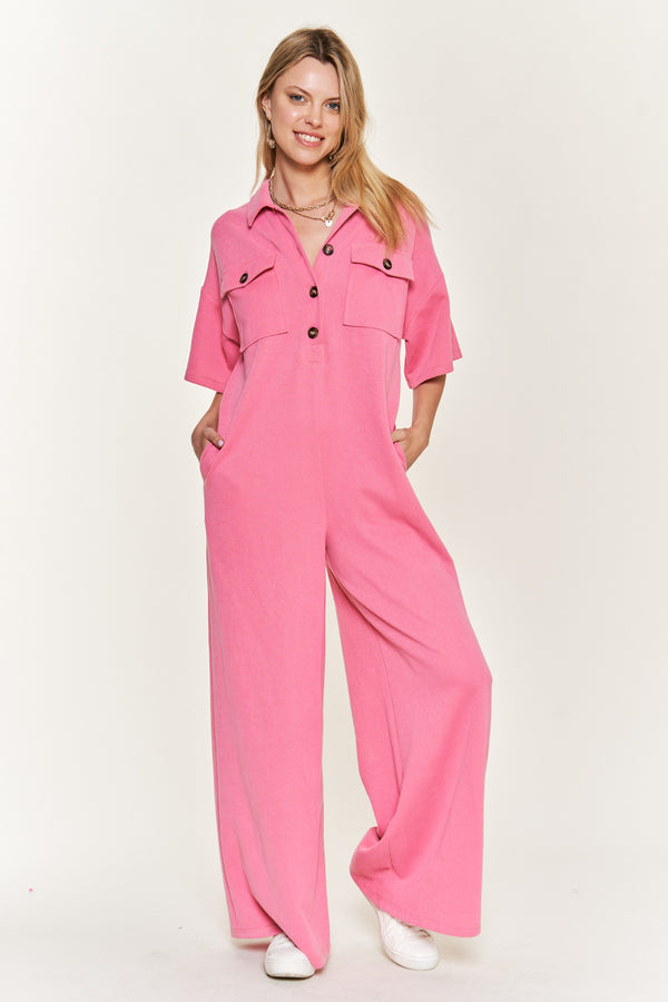 Collared Wide Leg Jumpsuit Pink
