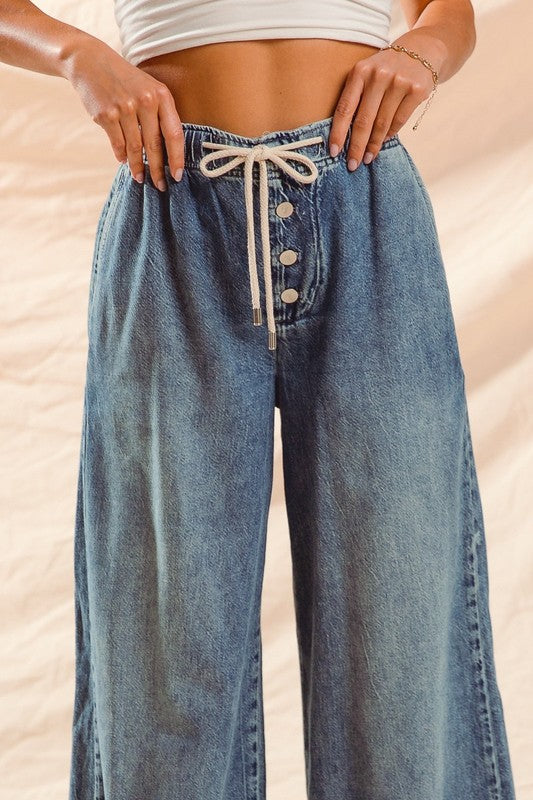 Wide Leg Pants With Drawstring Denim