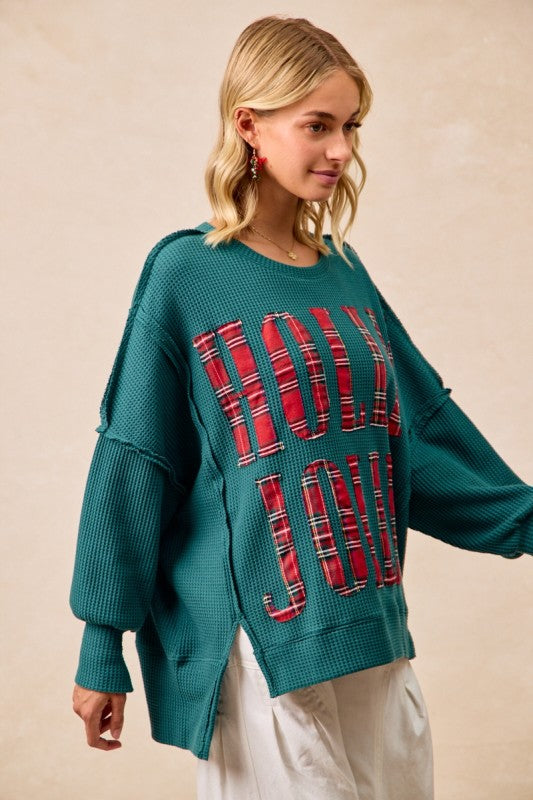 Christmas Plaid Holly Jolly Lettering Top Green