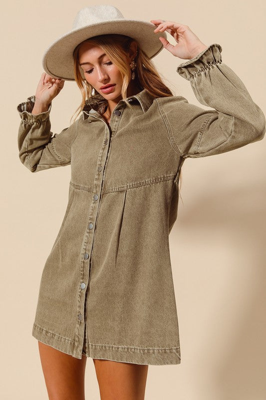 knee length dresses for ladies Button Front Denim Flounce Mini Dress  Grace & Joy Clothing Co