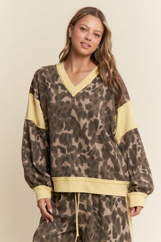 Leopard Print V-Neck Patchwork Top