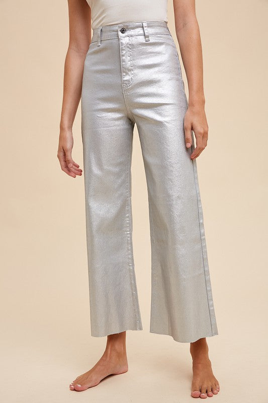 Stretch High Rise Denim Jeans Metallic Silver