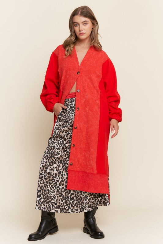 Long Body Button Down Cardigan Red