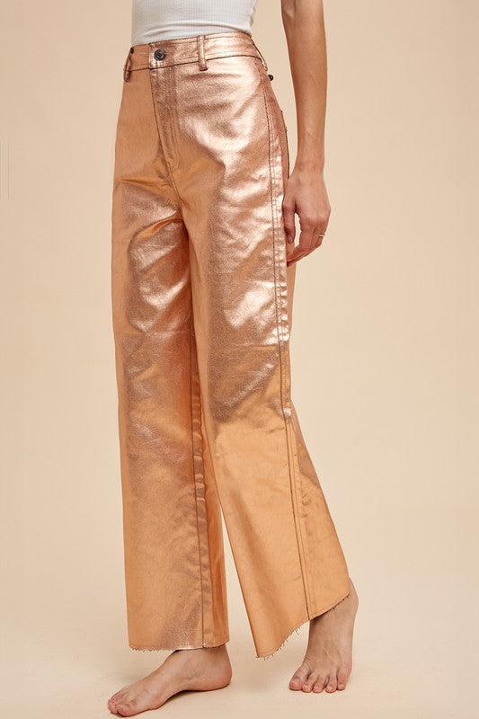 Stretch High Rise Denim Jeans Metallic Rose Gold