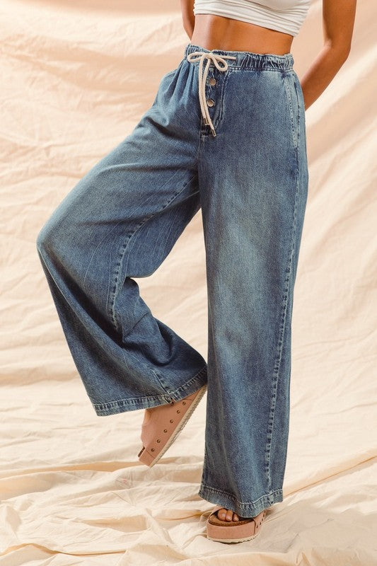 Wide Leg Pants With Drawstring Denim