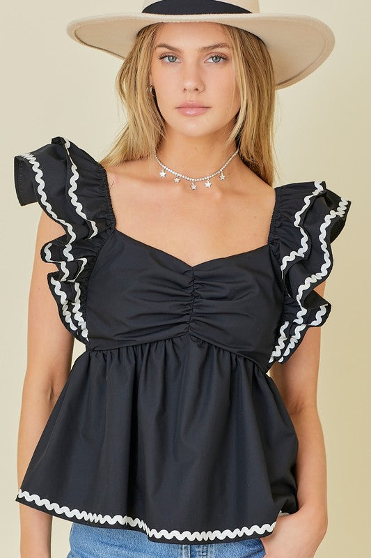 Double Ruffle Trim baby Doll Top Black - Southern Fashion Boutique