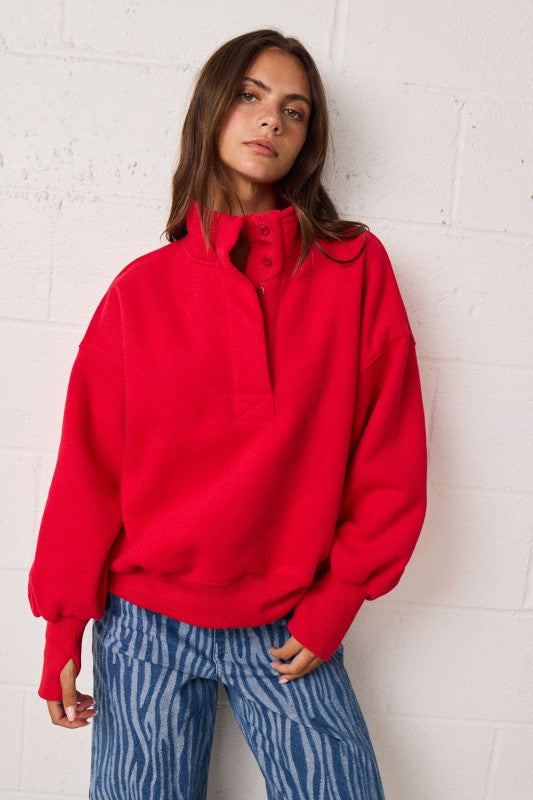 High Collar Relaxed Fit Pullover Red
