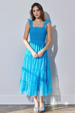 Sleeveless Tiered Tulle Dress Blue