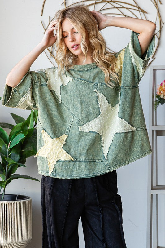 Washed Star Patchwork Short Sleeve Top Green