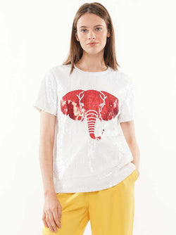 Elephant Sequin Top White/Crimson