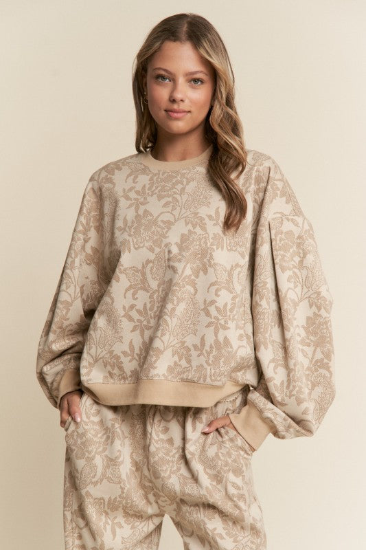 Floral Print Drop Shoulder Sweater Taupe