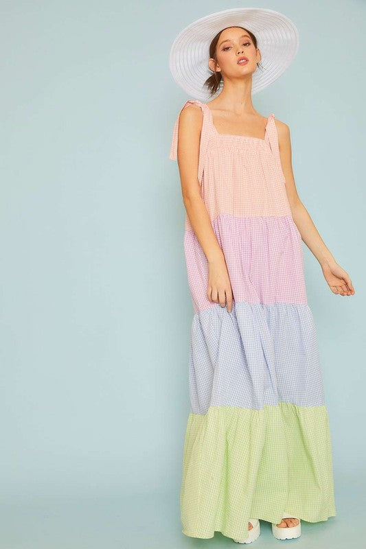 Self Tie Shoulder Color Block Maxi Dress Multi