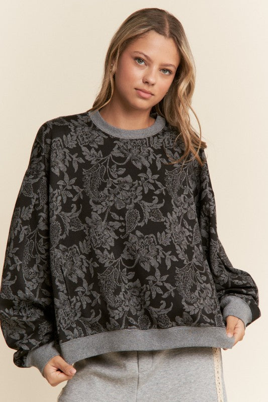 Floral Print Drop Shoulder Sweater Black