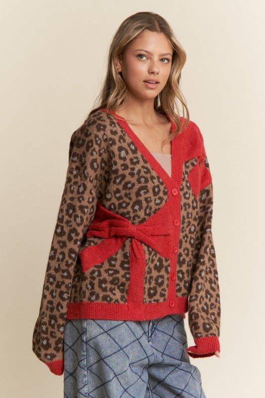 Bow Cardigan Cheetah Print Red