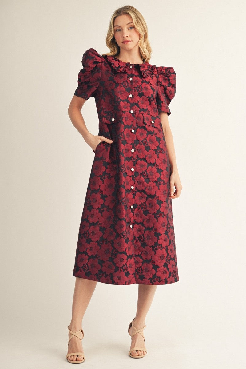 Button Down Floral Midi Dress Burgundy