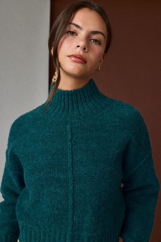 Ribbed Hem Mock Neck Sweater Emerald