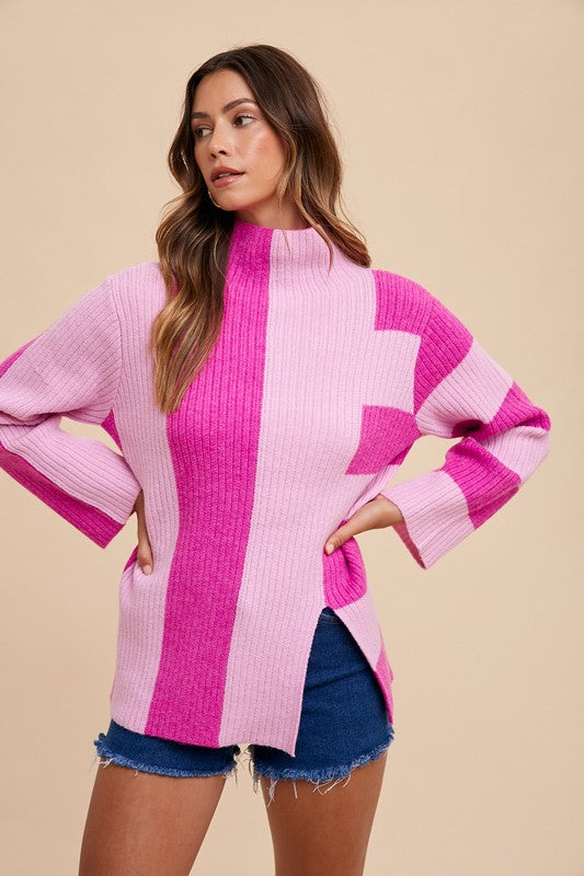 Two-Tone Wide Stripe Rib Sweater Fuchsia Combo