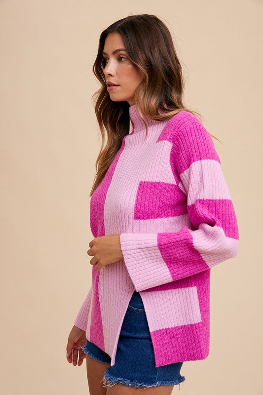 Two-Tone Wide Stripe Rib Sweater Fuchsia Combo