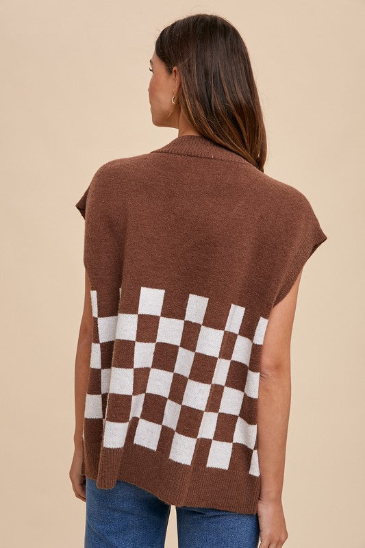 Checker Board Sweater Cardigan Vest Mocha