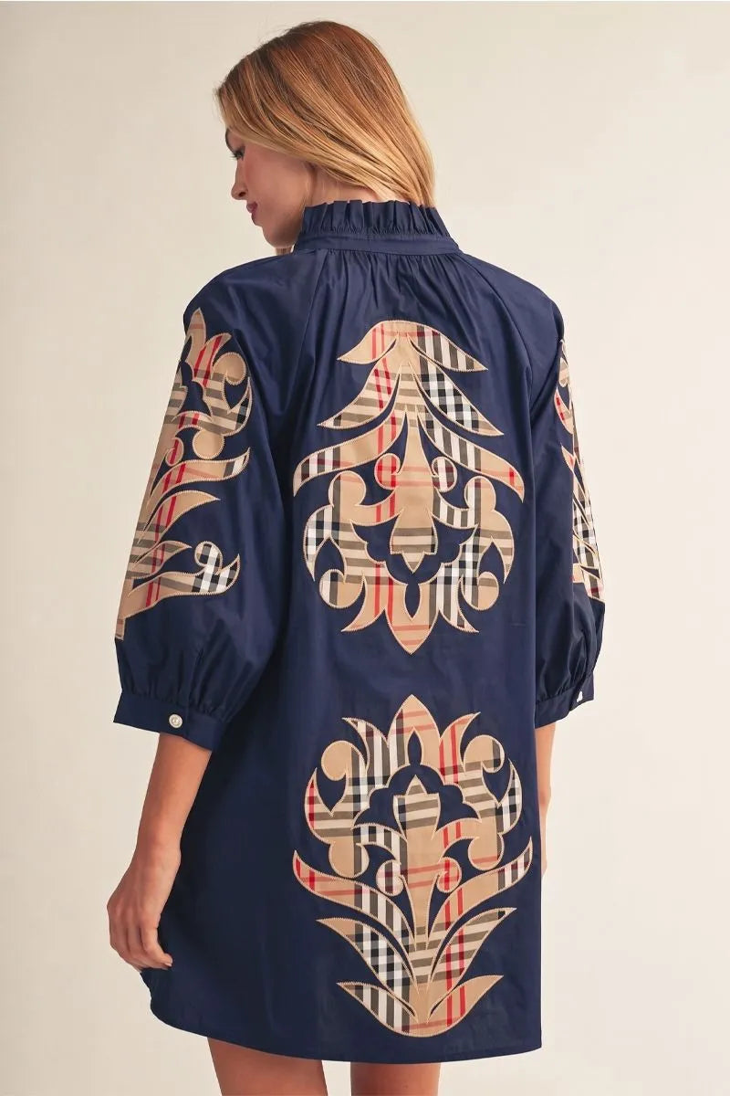 Check Pattern Baroque Applique Dress Navy - Southern Fashion