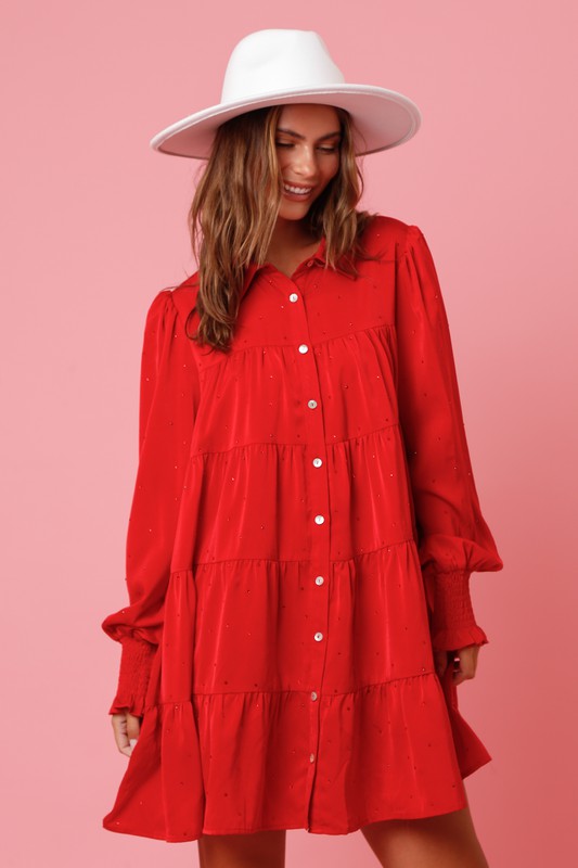 Rhinestone Button Down Shirt Dress Red Rhinestone Button Down Shirt Dress Red