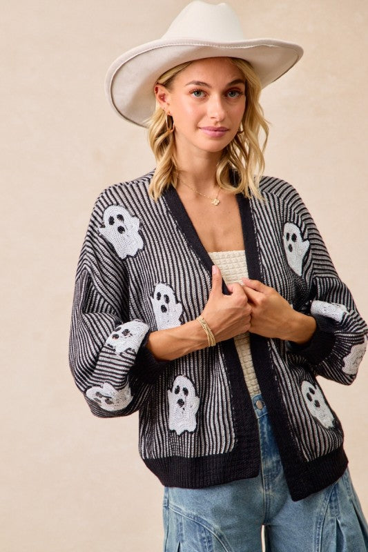 Halloween Ghost Theme Knit Cardigan Black