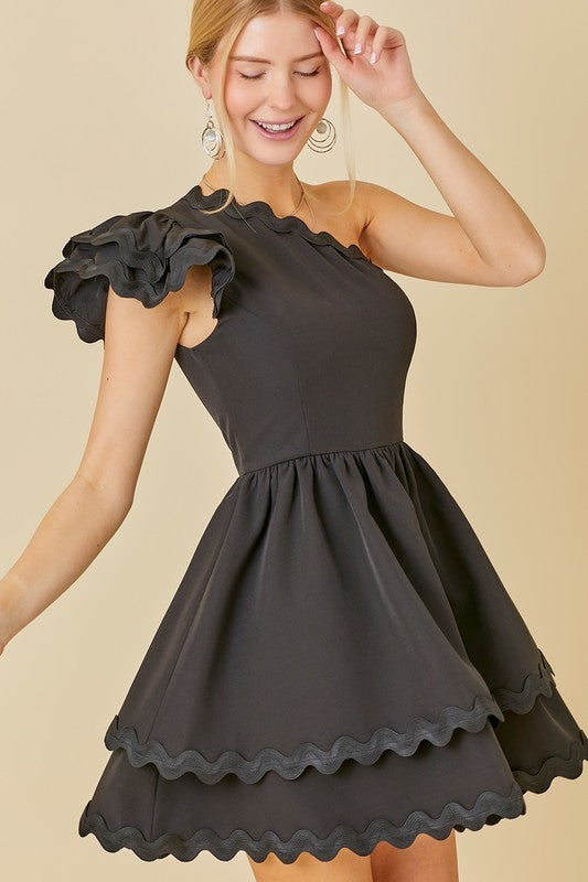 One Shoulder Scallop Trim Dress Black