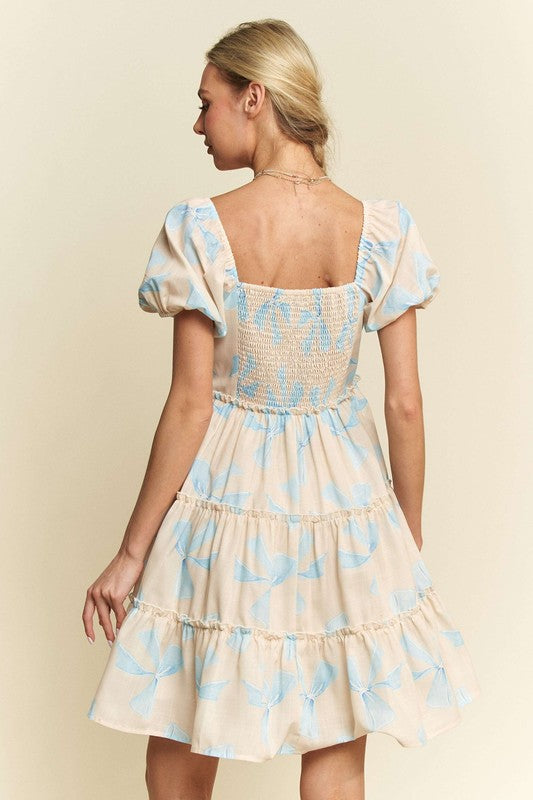 Bow Printed Tiered Dress Blue