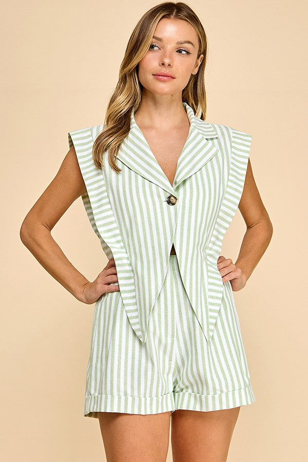 Blazer Style Striped Romper White/Mint - Southern Fashion Boutique