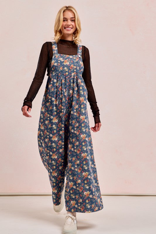 Washed Floral Print Pleated Overalls Denim