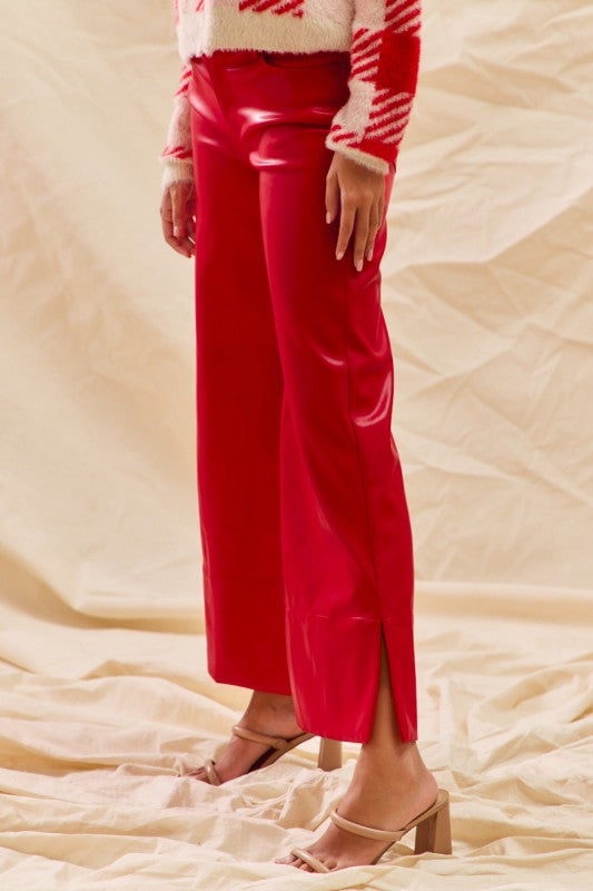 Christmas Wide Faux Leather Pants Red