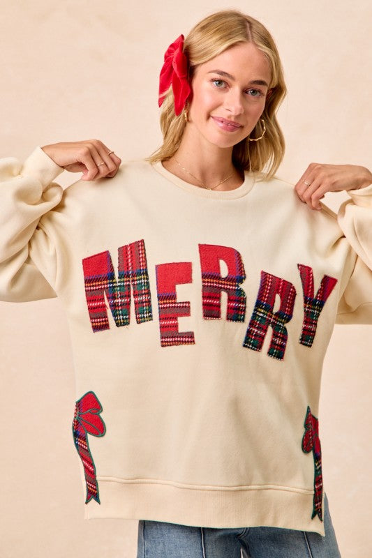 Christmas Plaid Merry Side Bow Top Cream
