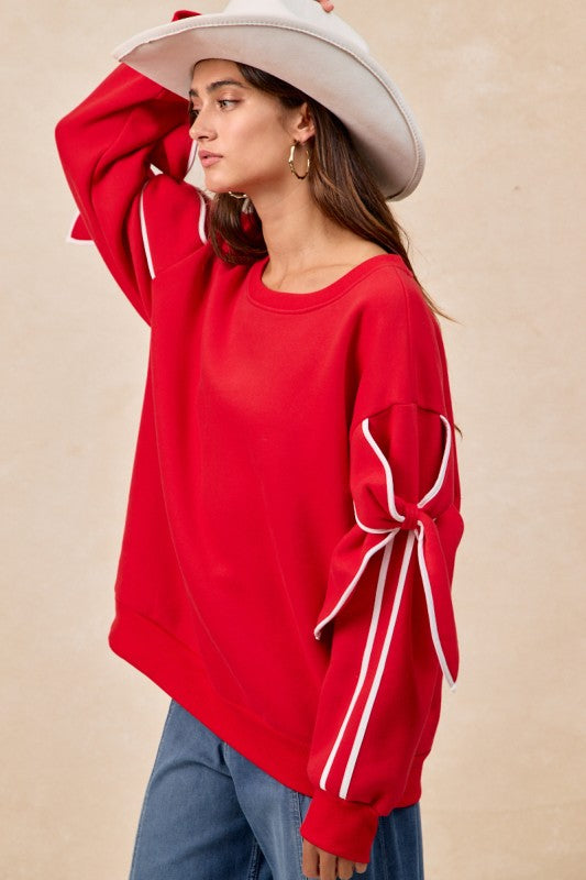 Bow Detail Sleeves Fleece Sweatshirt Top Red