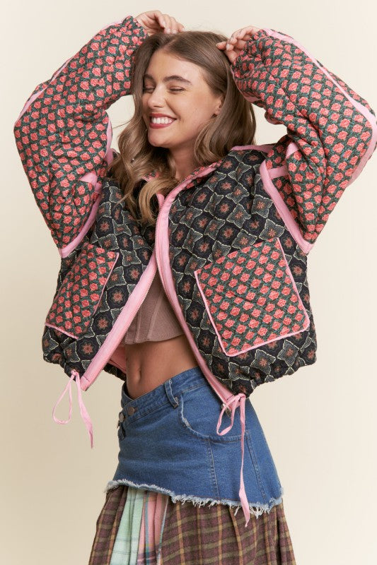Rose Pattern Pink Taped Padded Jacket Rose