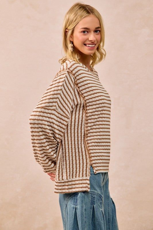 Textured Stripe Knit Open Seam Top Camel