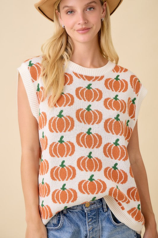 Pumpkin Print Sleevless Sweater Knit Top Ivory