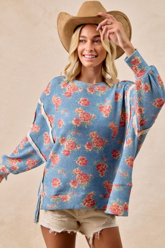 Floral Print Oversized Waffle Thermal Top Denim