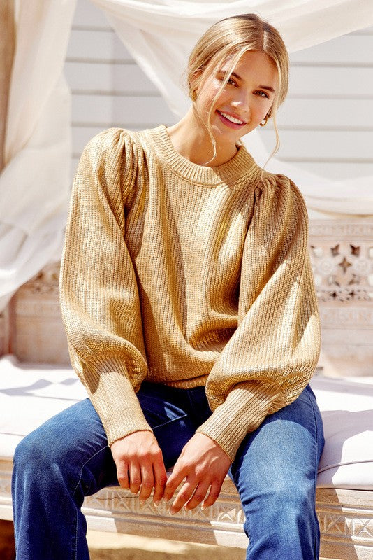 Metallic Knit Lantern Sleeves Top Taupe